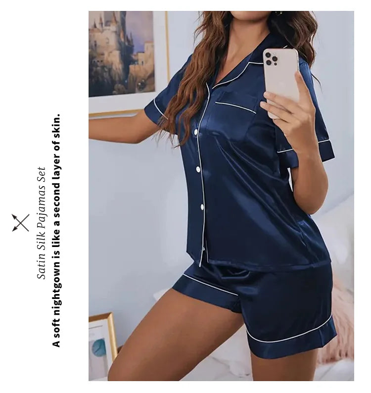 2026 Women Satin Pajamas Set 2-piece Pj Sets Sleepwear Loungewear Button-Down Pajama Women Pajamas Pijama Homewear Shorts Set