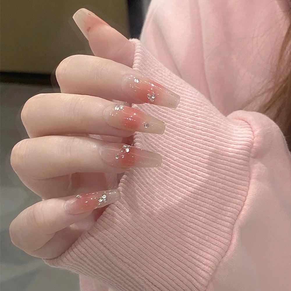 24pcs Aurora Stiletto False Nail Tips Glitter Gradient Color Fake Nails Wearable Full Cover Pointed Head Acrylic Nail Tips