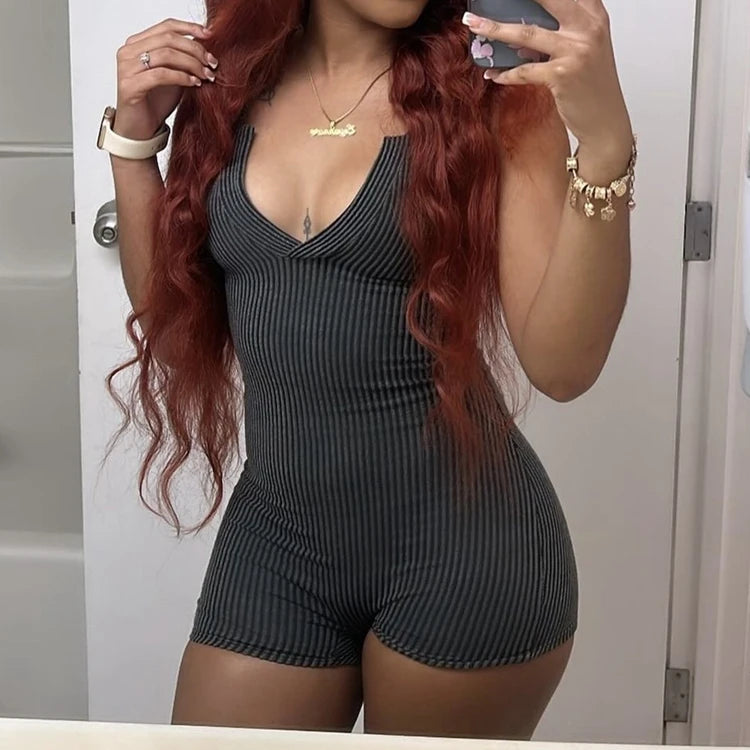 STYLISH LADY Solid Color Ribbed Playsuits 2025 Summer Women Sleeveless V Neck Bodycon Sexy Club Party Street Sports Overalls