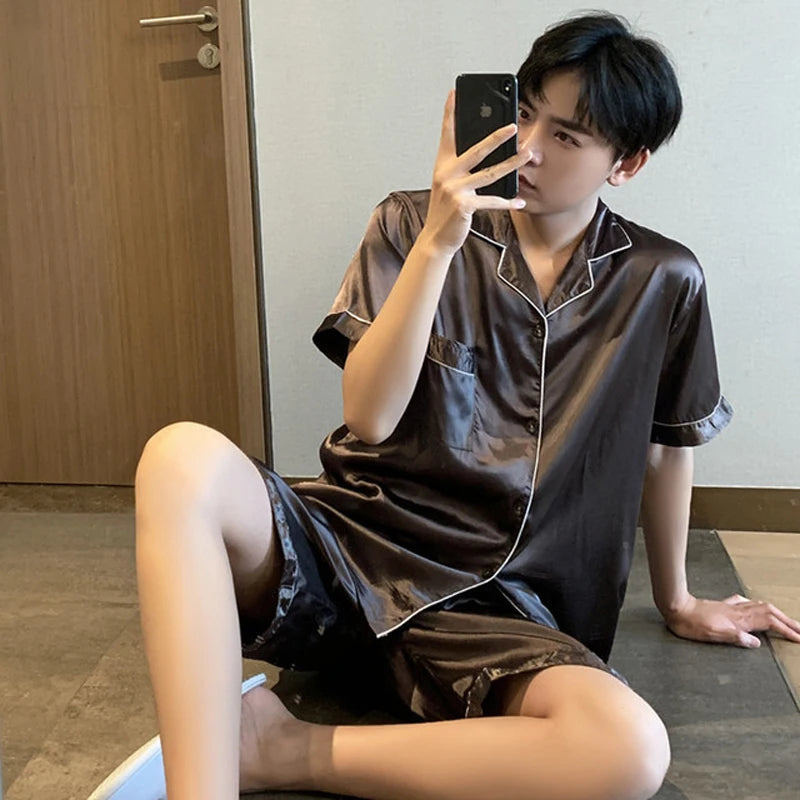 Summer New Pajamas For Man Big Size Satin Mens Pajama Sets Shorts Silk Short Sleeve Sleepwear Home Pijama Night Wear Loungewear