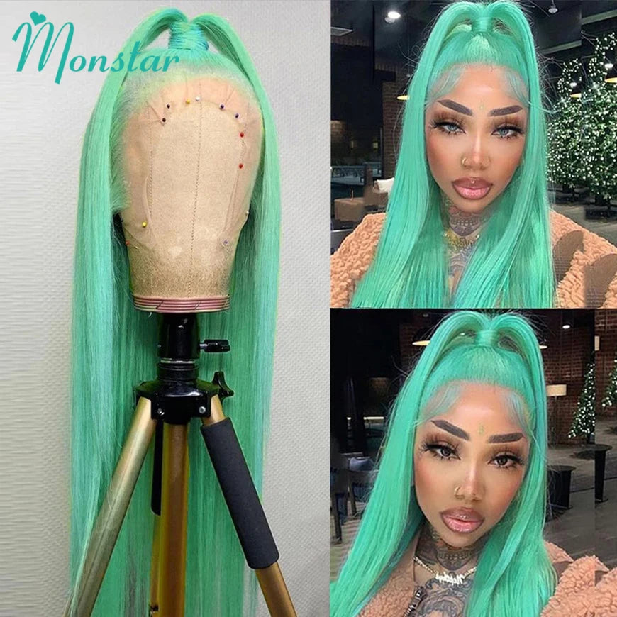 Mint Green Colored Human Hair Wigs Brazilian Straight 13x6 HD Transparent Lace Frontal Human Hair Wigs for Black Women 200% 250%