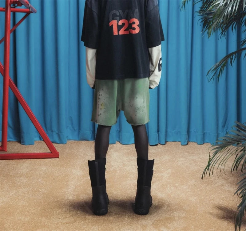 RRR123 2024 New Sports Shorts Heavyweight Washed Graffiti Print Vintage Drawstring Capris Casual High Street Loose Curled Y2K