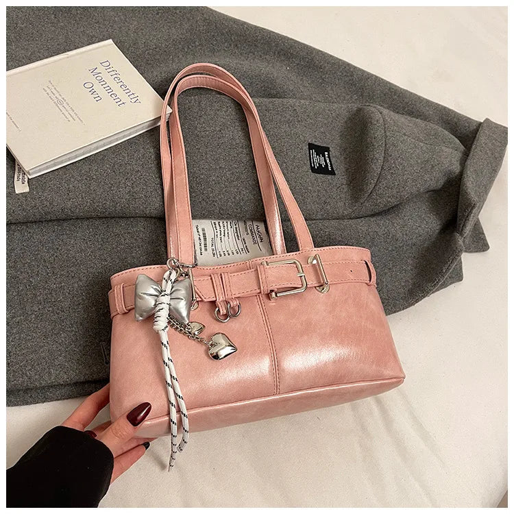 Belt Buckle Design Shoulder Satchels Bag for Women 2025 New in Luxury Designer Handbags Branded Fashion Totes with Pendant Сумка