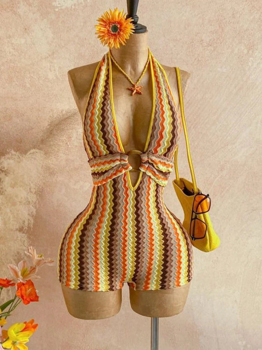 Women's Textured Knitted Bodysuit Orange Striped Circular Decoration Hanging Neck V Neck Jumpsuit Summer Holiday Crochet Romper