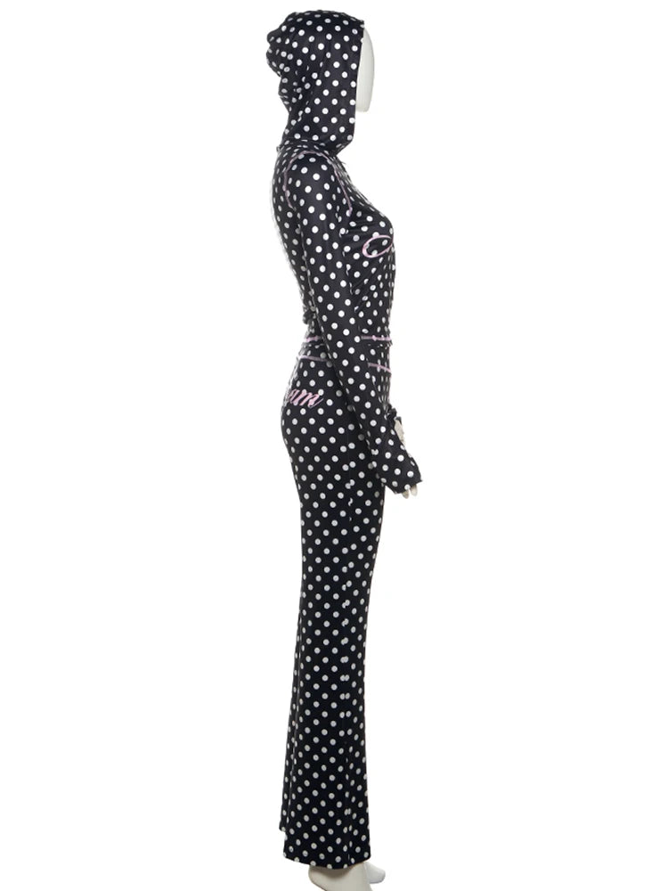 Weird Puss Polka Dot Letter Print 2 Piece Set Woman Tracksuit Trend Sexy Hooded Jacket+Pants Skinny Stretch Matching Streetwear