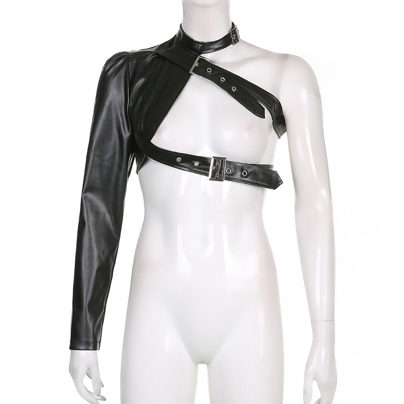 Women PU Leather Jackets Fashion Punk Gothic E Girl Y2K Crop Tops Single Long Sleeve Neck Hanger Buckle Belt Coat Outerwear
