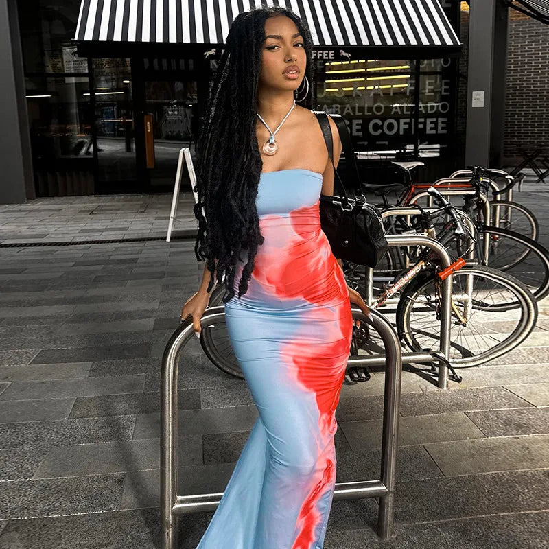 Fashion Elegant Sleeveless Print Long Dress Women's Sexy Backless Strapless Bodycon Maxi Dresses Summer Beach Holiday Long Robe