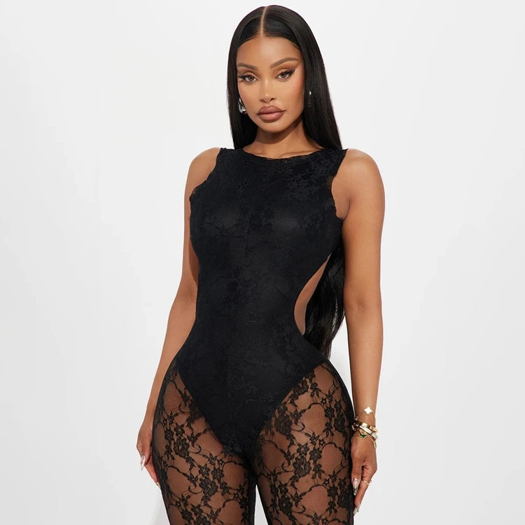 STYLISH LADY Black Lace Hollow Out Jumpsuits 2025 Summer Women Sleeveless Backless Bodycon Sexy Club Party One Piece Overalls