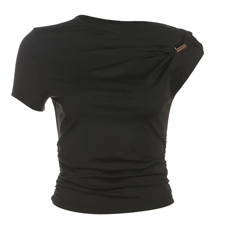 Weird Puss Irregular Off Shoulder T-Shirts Women Ruched Fashion Skew Collar Single Sleeve Daily Casual Solid Simple Streetwear