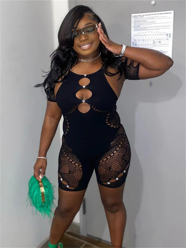 Club Outfits Sexy Jumpsuits for Women Short Sleeve Bodycon Rompers Jumpsuit Skinny Pink Mesh See Though One-piece Overalls 2024