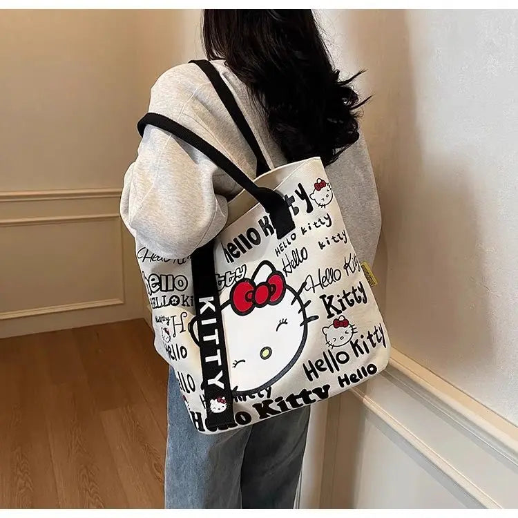 New Model Hello Kitty Cartoon Canvas Bag Cute Commuter Versatile One-Shoulder Tote Bag Large-Capacity Storage Bag