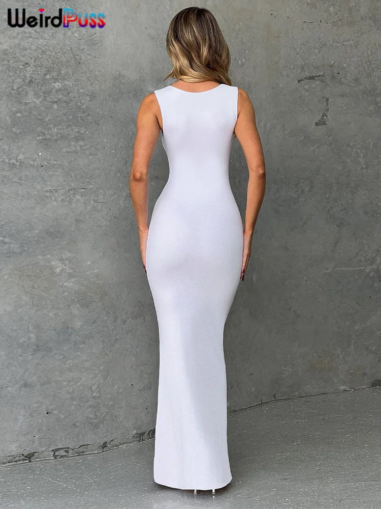 Weird Puss Solid Maxi Dress Woman Summer Sexy Sleeveless Low Chest Simple Elegant Smooth Fashion Party Evening Skinny Vestidos