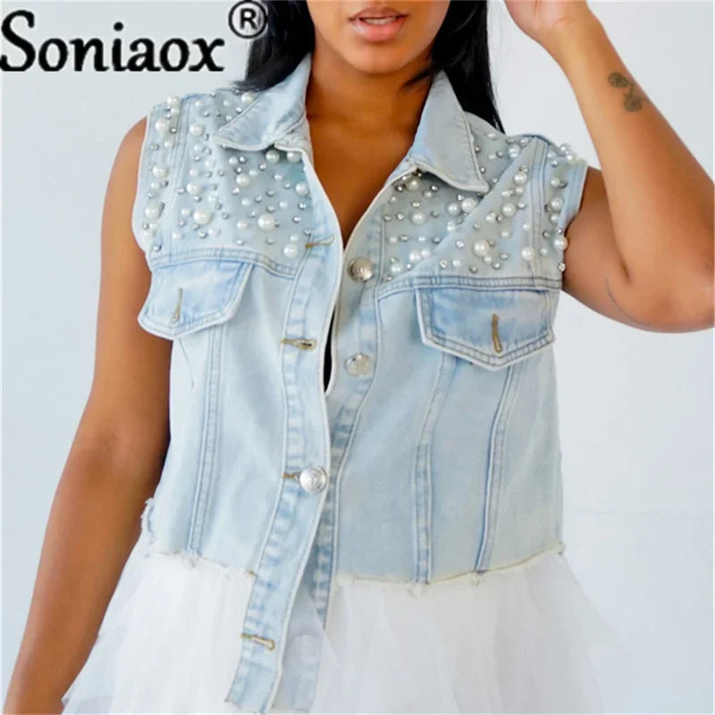 2024 Summer New jeans Jacket Coat Women Lapel Short Jacket Casual Jacket Vest Beaded Diamond Vest Jacket Women Streetwear