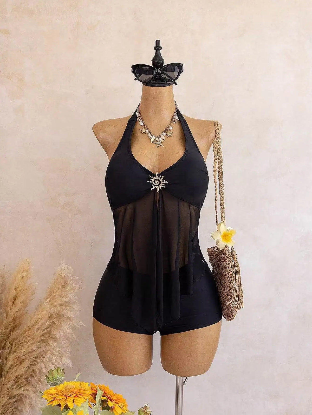 Vintage Yellow Polka Dot Print Bikini Set 2026 Women Metal Sun Ornament Mesh Tank Top High Waist Swimsuit Bathing Suit Swimwear