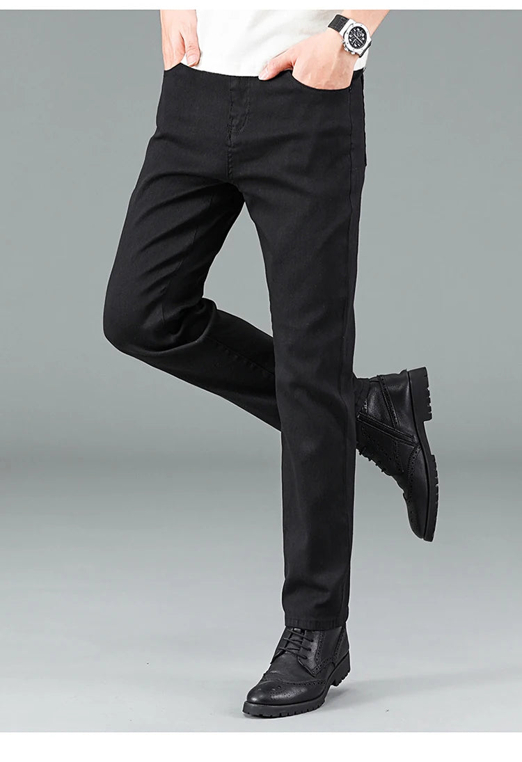 Men's pure black jeans Korean version trendy straight fit pants men's comfortable and elastic classic business denim
