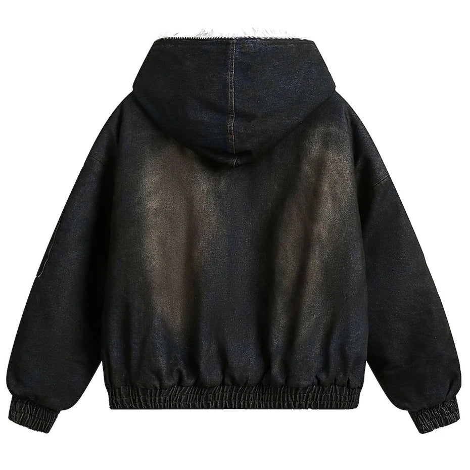 Vintage Denim Parkas Fur Warm Padded Jackets Men Streetwear Harajuku Oversized Bubble Coat Outwear