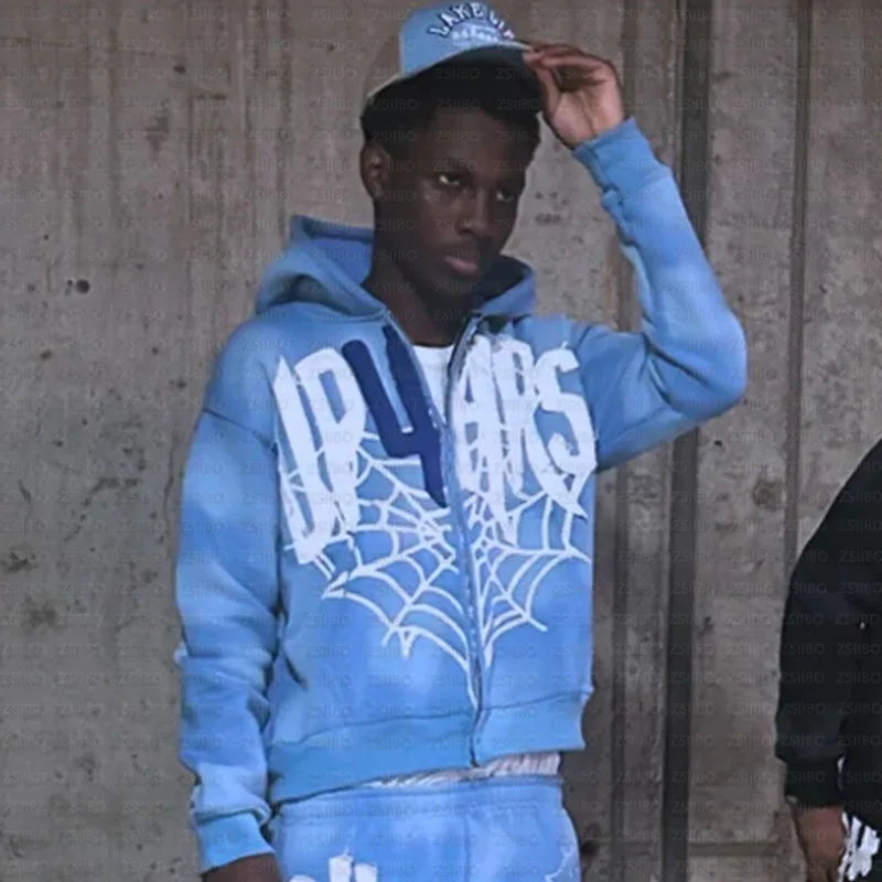 Retro Patch Spider Web Print Zipper Hoodie Y2K Sweatshirt Mens Hip Hop Letter Oversized Hoodie Jacket Clothes Streetwear Jacket