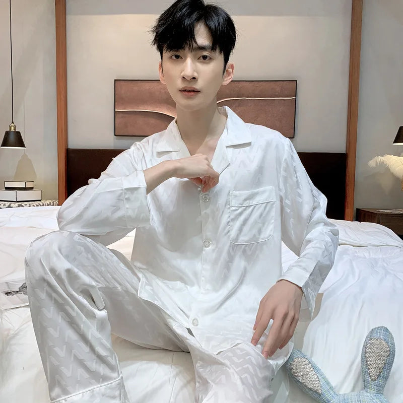 High Quality Jacquard Pajamas Suit Men Summer Ice Silk Shorts Sleepwear Set Thin Satin Large-size Loungewear Male Night Clothing