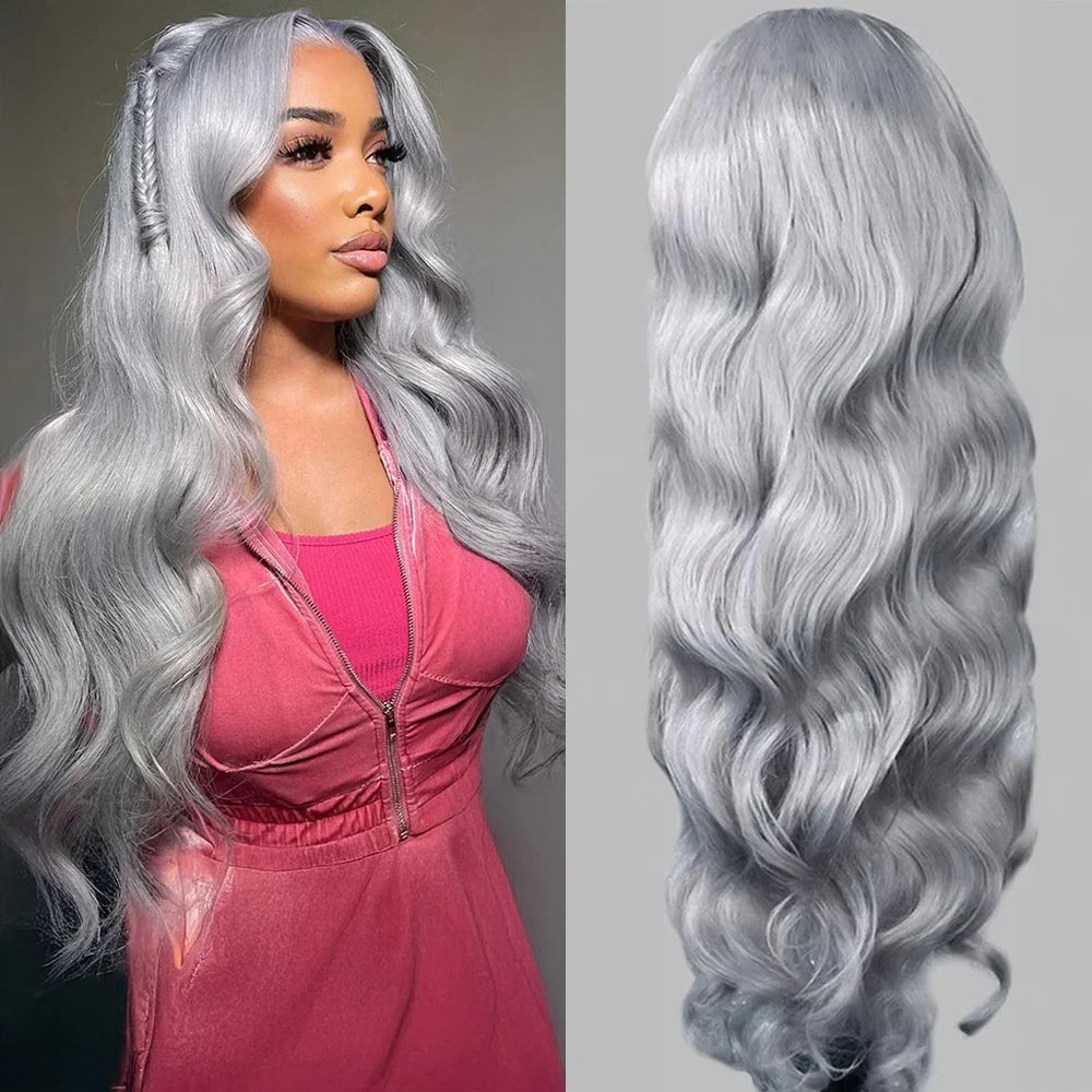 613 silver gray colored curl Wig 13x6 transparent Lace Front Body wave Wig 100% Brazilian Human Hair length lace Wig of Wowen