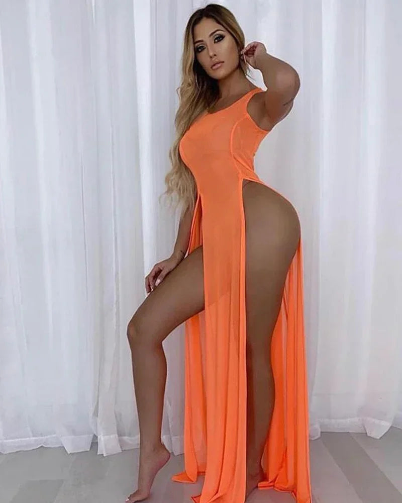 Sexy Womens Mesh Sheer Long Dress Ladies Bikini Cover Up Beach Sundress Solid See-through Long Dress Sleeveless Strap Dress