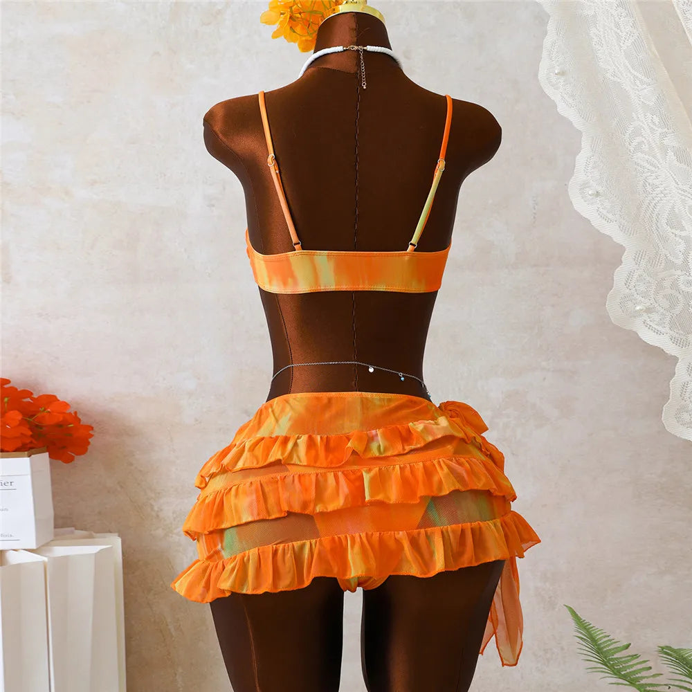 Orange Print Front Knotted Bikinis Sets 3 Pieces Ruffled Skirts Swimwear Sexy Micro Thong Swimsuit Women 2026 Bikini Beachwear