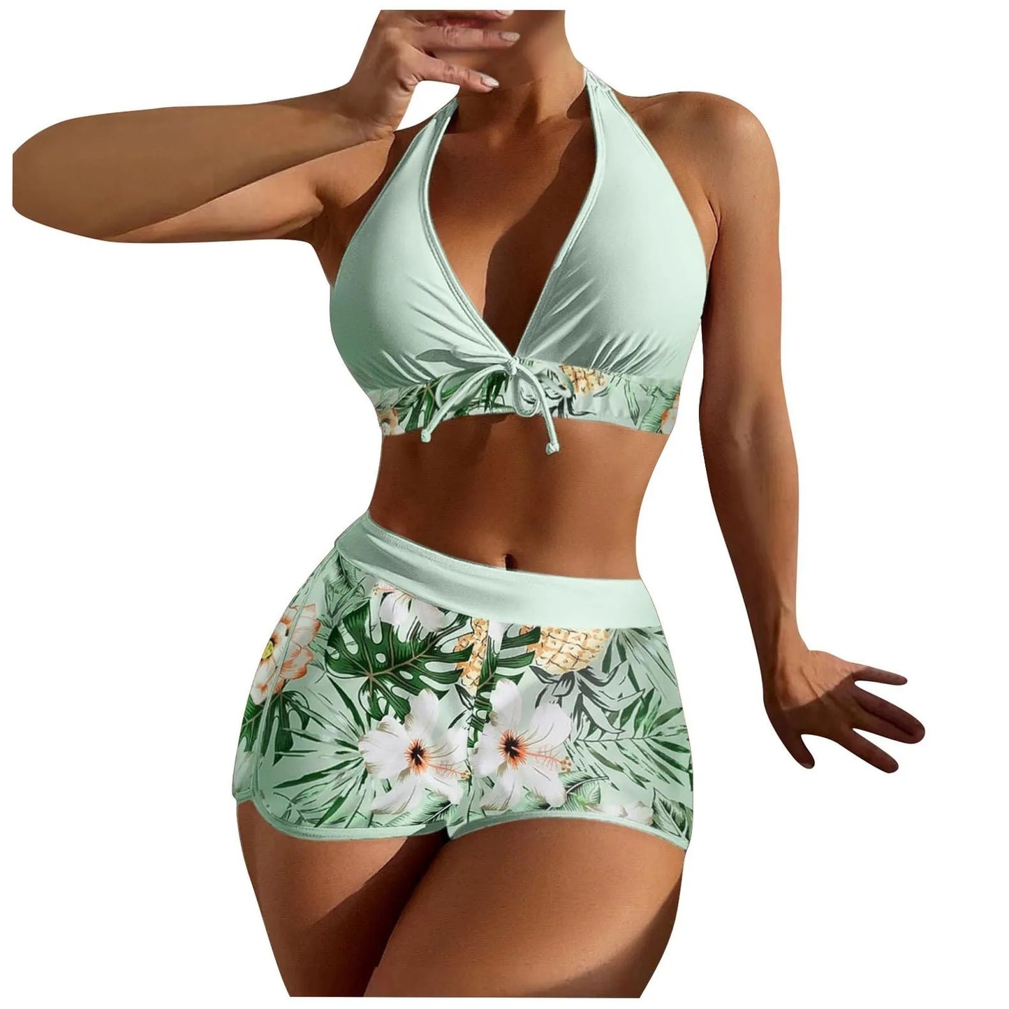 Shorts Bikinis Set  High Waist Swimsuit Women Swimwear  Plant Print Bathers Bathing Swim Suit Beachwear