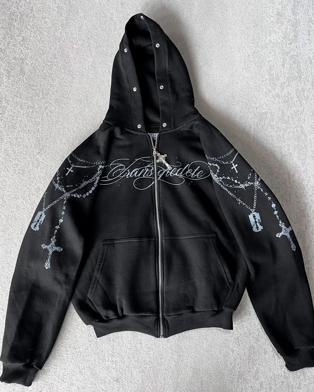 American Retro Rock Gothic Graphic Fur Collar Loose Zipper Sweatshirt Men's Y2K New Harajuku Punk Casual Joker Hoodie Streetwear