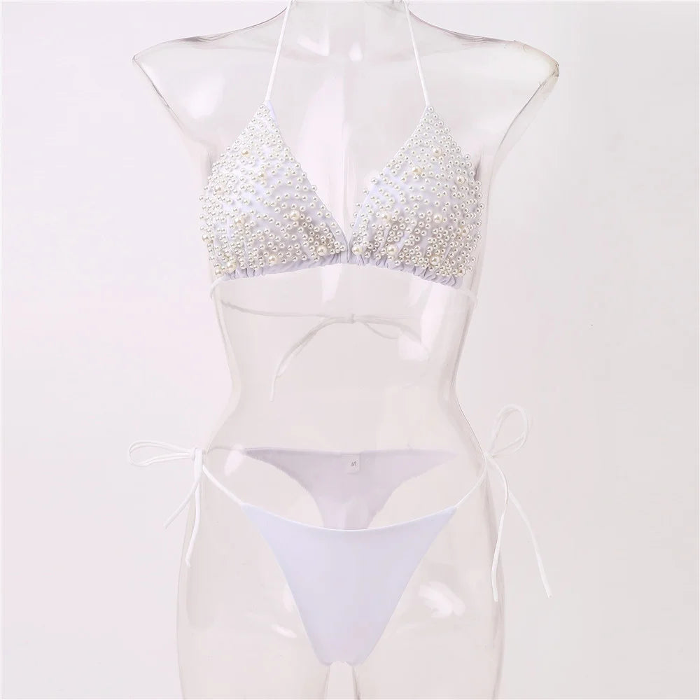 Pearl Bikini String Thong Swimsuit Kawaii Y2K Swimwear Trend Women Two Piece Bathing Suit Beachwear Bikinis Set Vacation Outfits