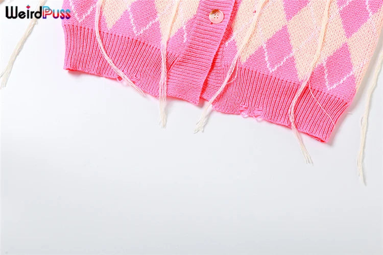 Weird Puss Sweater Women 2 Piece Set Hipster Tassel Plaid Cardigan Tops+Mini Shorts Stretch Autumn Trend Matching Street Outfits