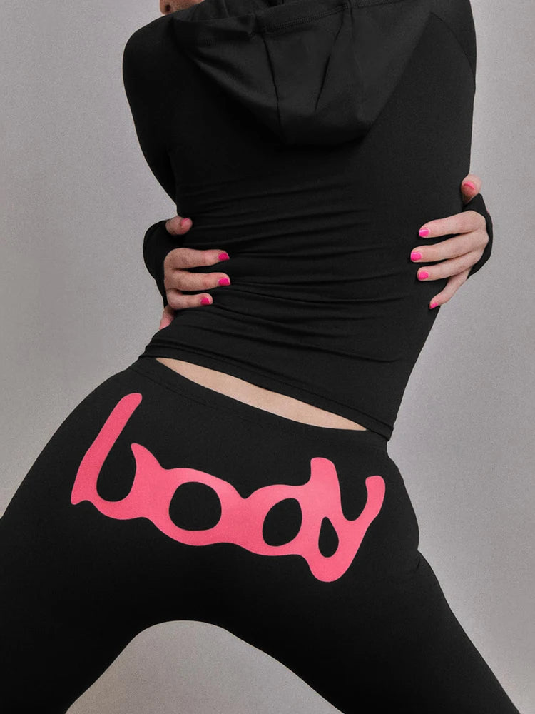 Weird Puss Letter Print 2 Piece Set Women Tracksuit Hooded Jacket+Leggings Matching Stretch Streetwear Casual Sporty Outfits