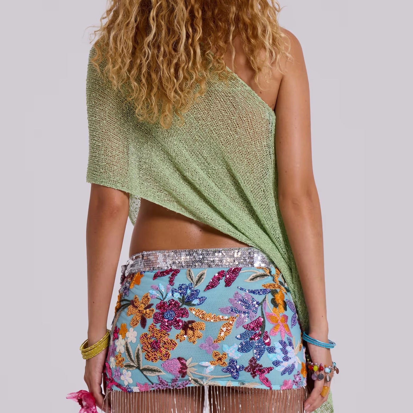 Asymmetrical Women's Knit Sheer Crop Tops Summer One Sleeve Slash Neck Trendy Irregular T-shirt