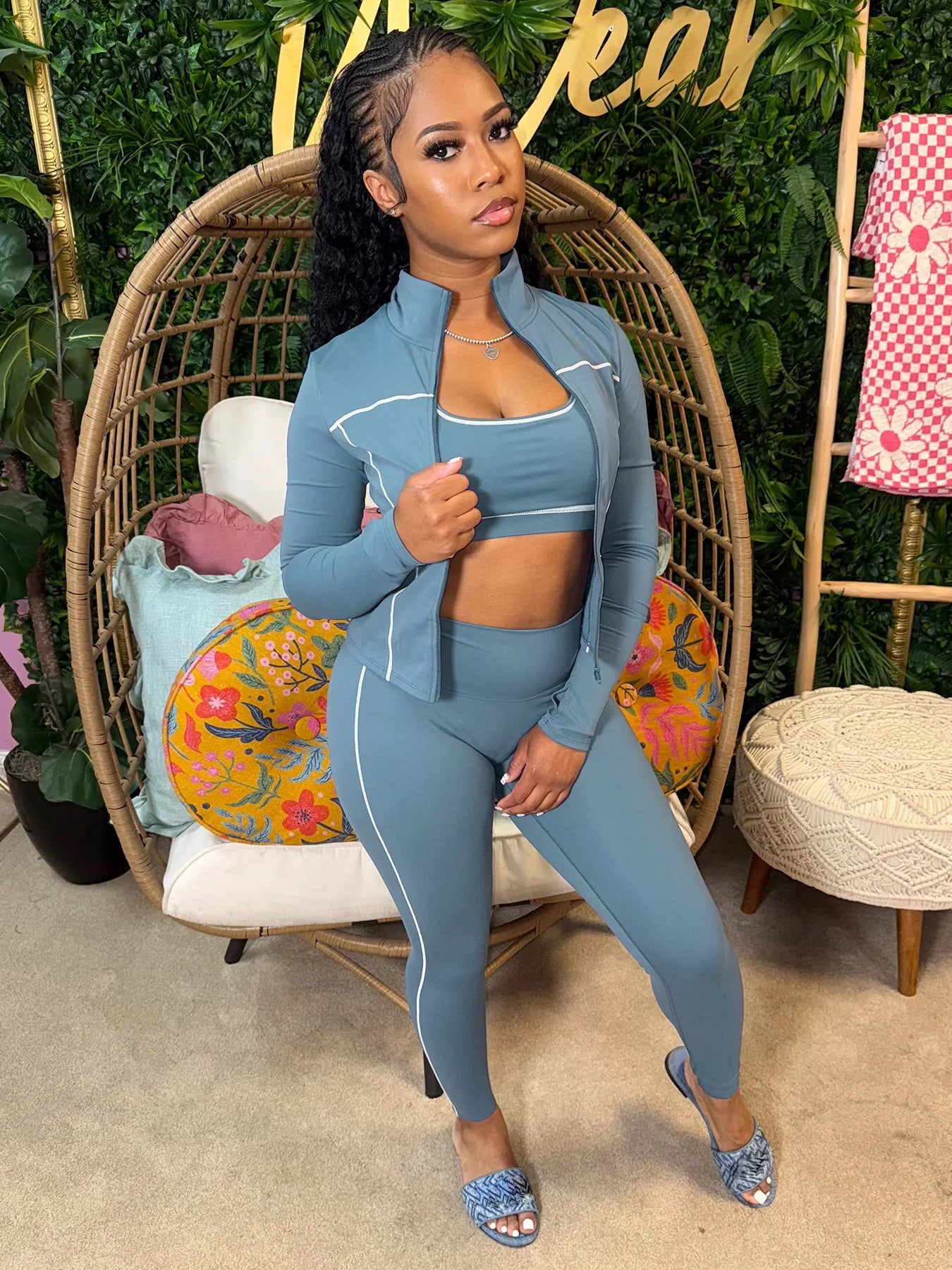 Weird Puss Casual 3 Piece Set Women Tracksuit Elastic Vest+Zip Jacket+Leggings Matching Street Sporty Fitness Street Shapewear