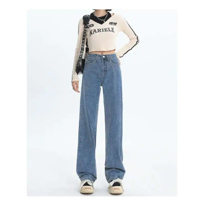 Woman Vintage Wide Leg Jeans Girls High Waist Pants Female Fashion Black Black Grey Retro Blue Light Blue Pink Denim Trousers