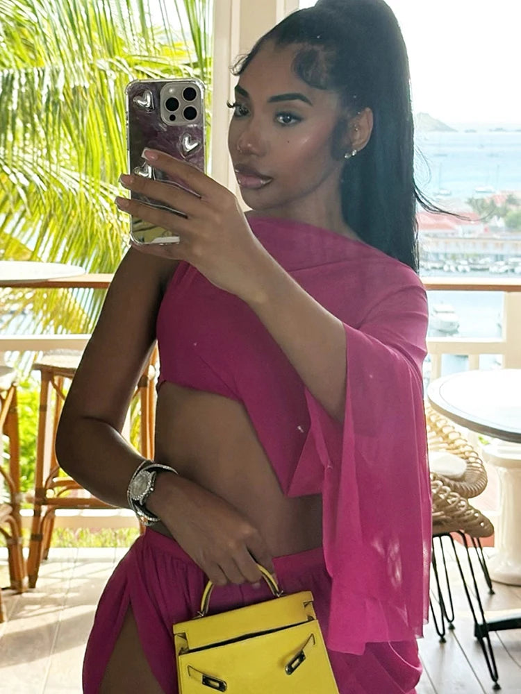 Weird Puss Y2K Sexy 2 Piece Set Women See Through Midnight Irregular Full Sleeve Crop Tops+Ruched Split Skirts Matching Clubwear