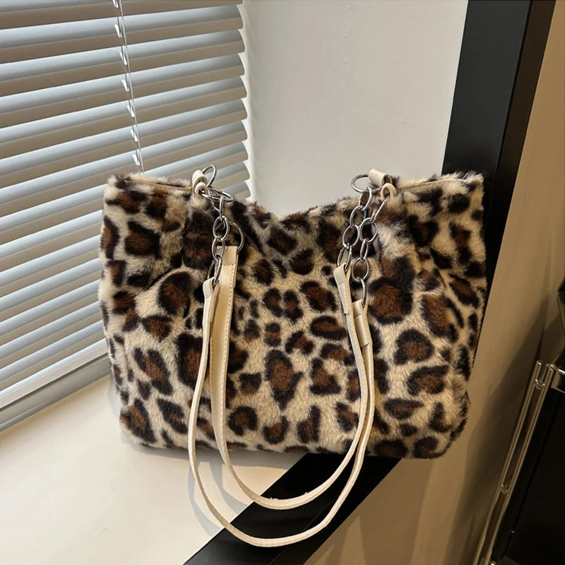 National Style Simple Women Leopard Tote Bag Lady Luxury Fluffy Shoulder Bag Chain Large Capacity Commuter Handle Bag