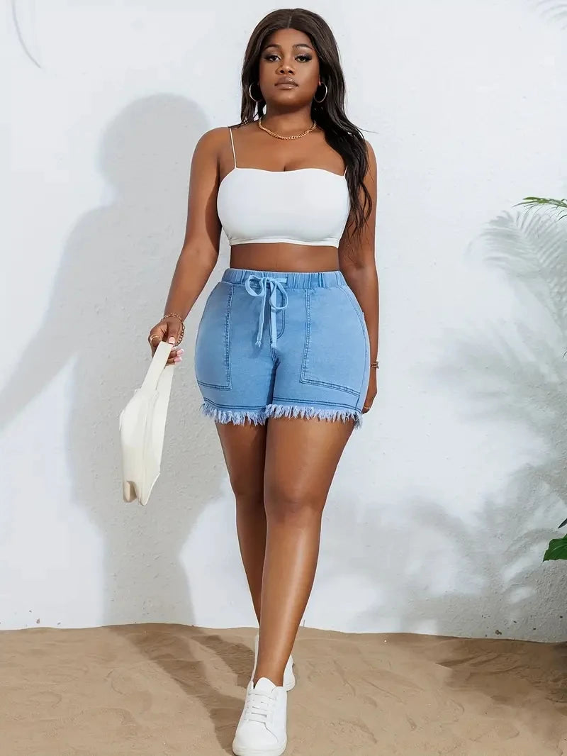 Ladies Plus Size jeans Shorts with High Stretch Elastic Waistband and Tassel Style, Fashionable and Versatile Jeans