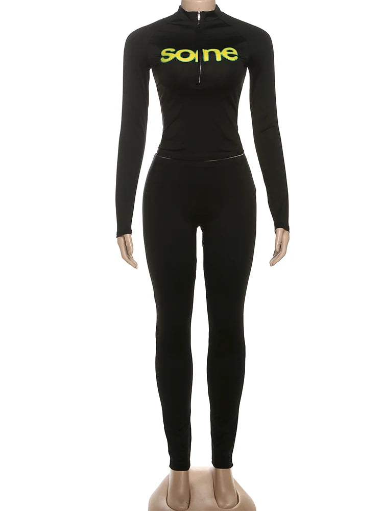 Weird Puss Casual Sporty Women2 Piece Set Letter Print Zip Crop Tops+Leggings Matching Street Stretch Skinny Streetwear Outfits