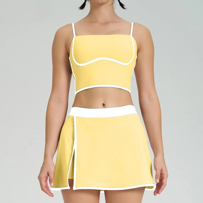 HLJ&GG Fashion High Quality Stretch Sporty Skirts Shorts Two Piece Sets Women Spaghetti Strap Slim Crop Top+Mini Skirts Outfits