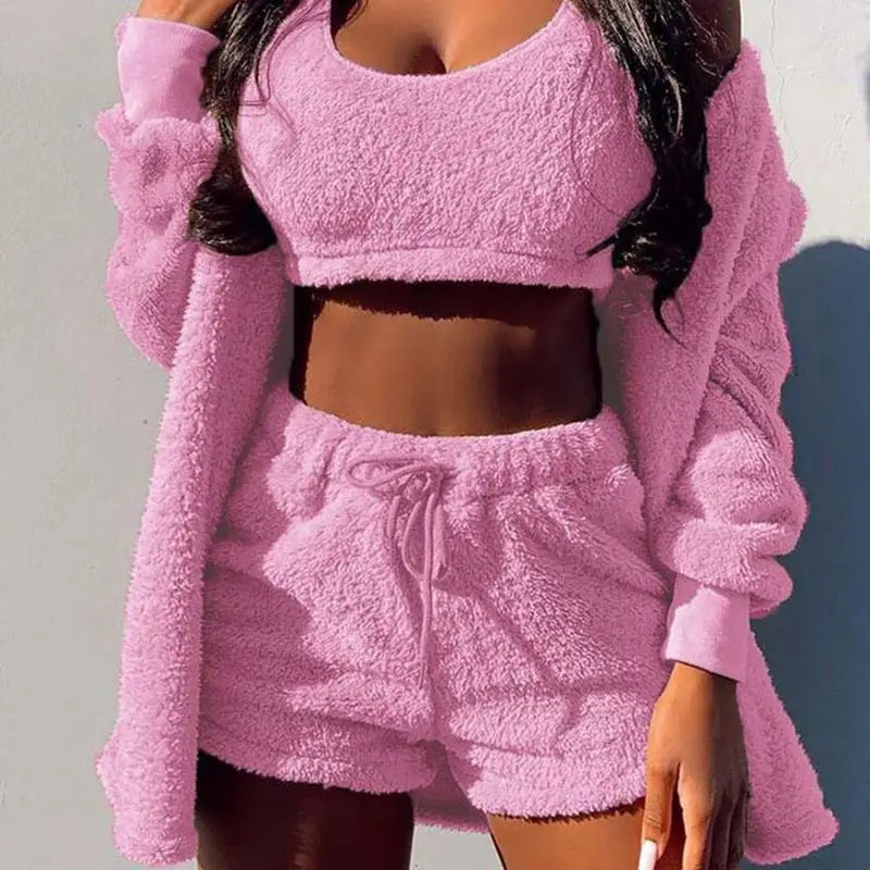 Fluffy Pajamas Set for Women Casual Sleepwear Tank Top and Shorts Plus Size Hoodie Leisure Homsuit Winter Teddy 3 Pieces Pijamas