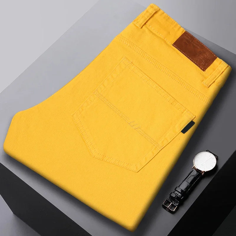 White Yellow Pink fashion 5 Color Men's Cotton Casual Pants Jeans Slim Straight Solid Color Business Trousers Four Seasons Brand
