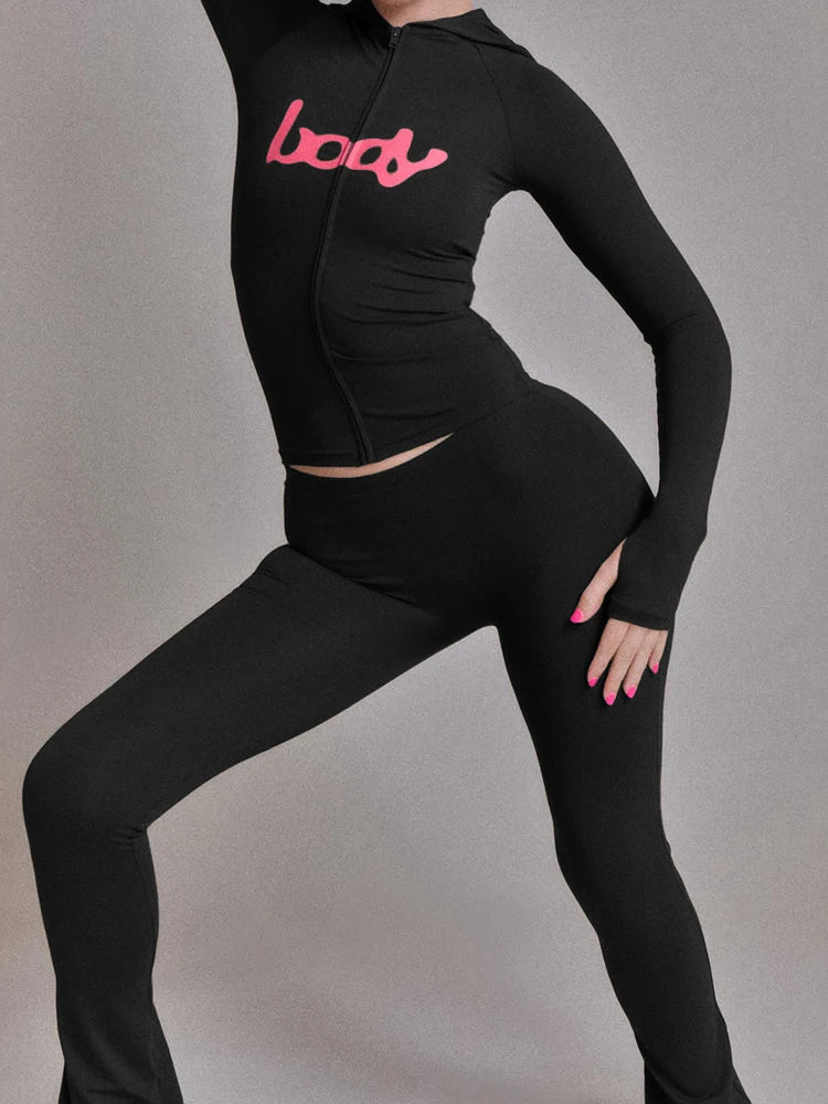 Weird Puss Letter Print 2 Piece Set Women Tracksuit Hooded Jacket+Leggings Matching Stretch Streetwear Casual Sporty Outfits