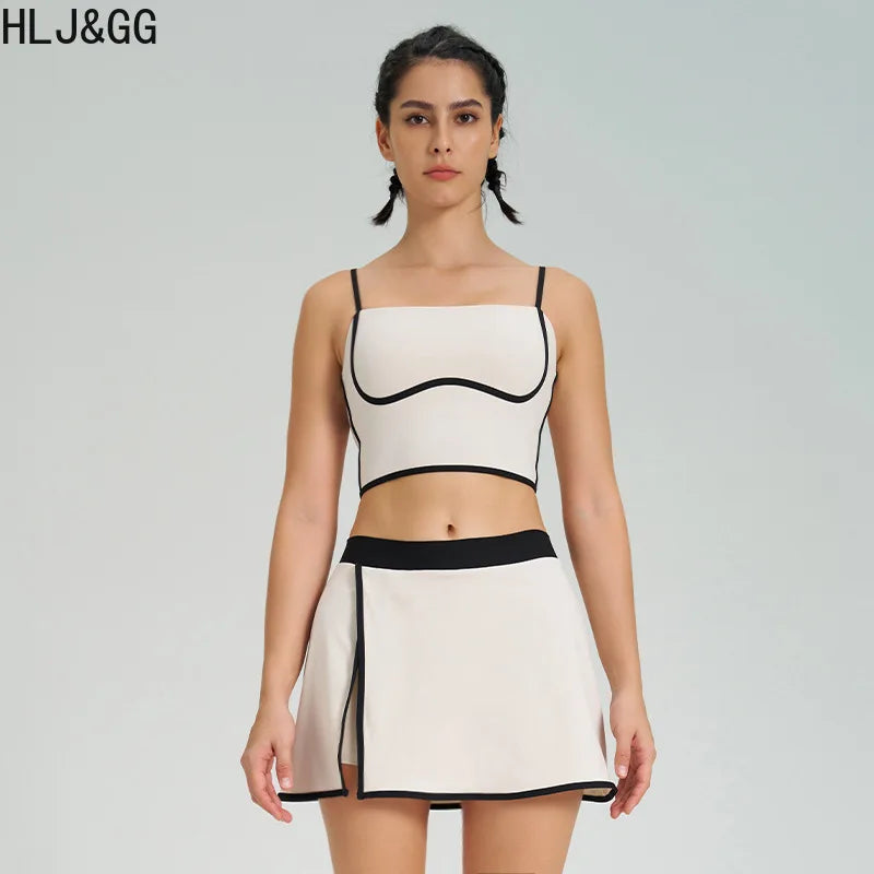 HLJ&GG Fashion High Quality Stretch Sporty Skirts Shorts Two Piece Sets Women Spaghetti Strap Slim Crop Top+Mini Skirts Outfits