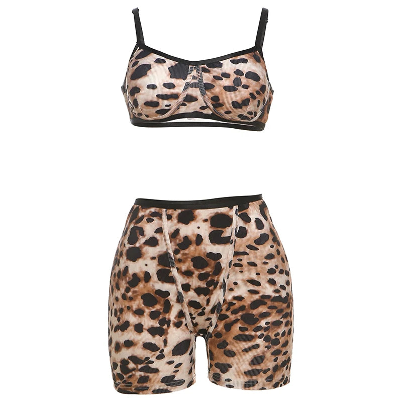 Weird Puss Tracksuit Women 2Piece Set Leopard Print Sexy Sporty Low-Neck Tank Tops+Bike Shorts Stretch Tight Matching Streetwear