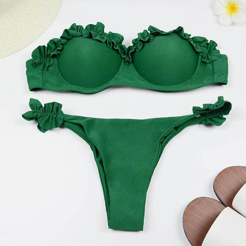 Solid Bikini Set Women Swimsuit Chic Ruffles Micro Bikini Split Bathing Suit Summer 2025 New Beach Spice Girl Swimwear
