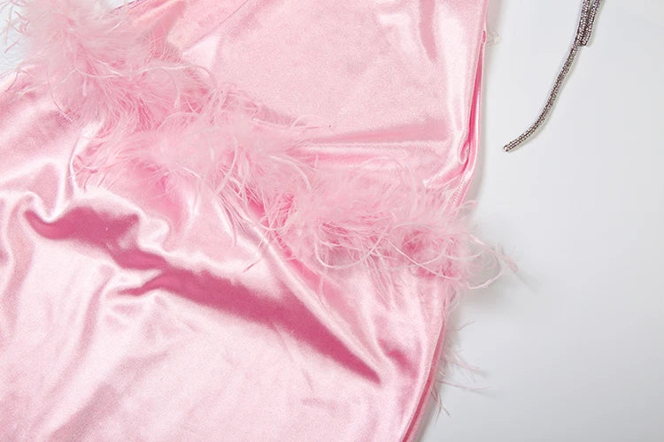 Weird Puss Satin Feather Waist Dress Women Y2K Sexy Sleeveless Backless Tassel Rhinestones Split Banquet Party Clubwear Vestidos