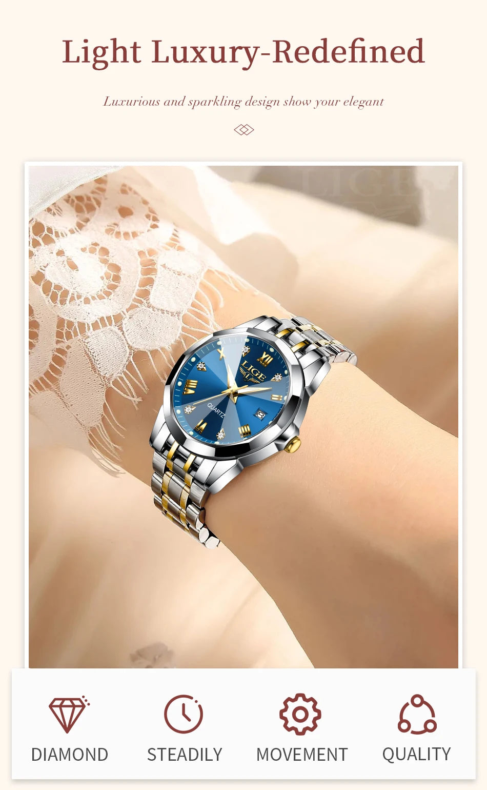 LIGE Elegant Ultrathin Nordic Simple Style Quartz Movement ladies Wristwatch Fashion Stainless Steel Bracelet Belt Watch