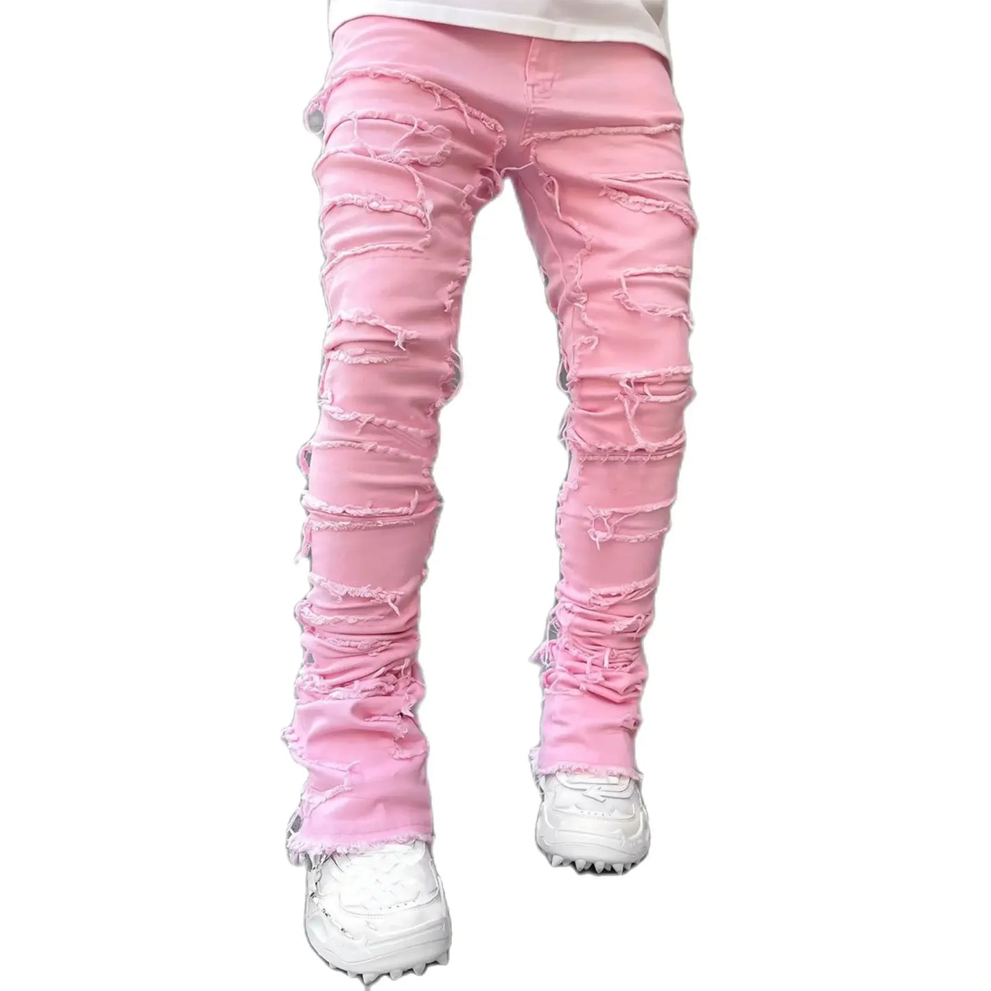 Denim Regular Fit Stacked Jeans Ripped Slim Fit Patch Distressed Destroyed Straight Denim Pants Hip Hop Streetwear Trouser Cloth