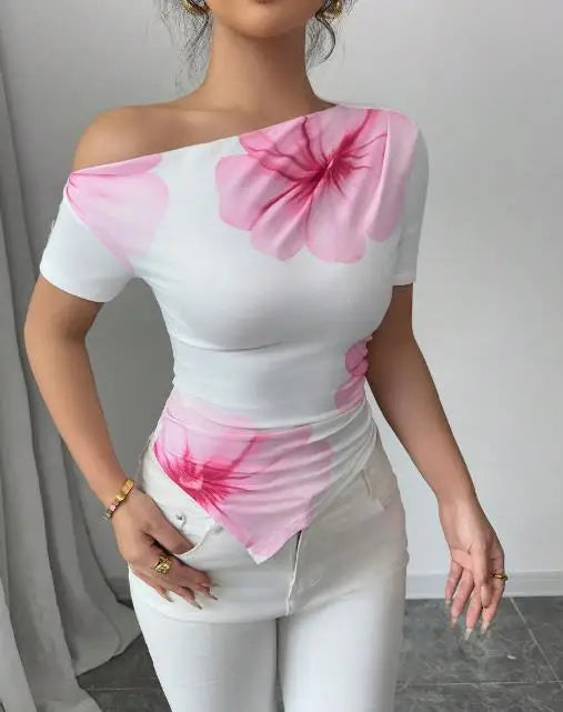 Women's 2025 Summer New Style Slim-Fitting T-Shirt with Irregular Sloping Shoulder and Short Sleeve Top Shipped Within 48 Hours