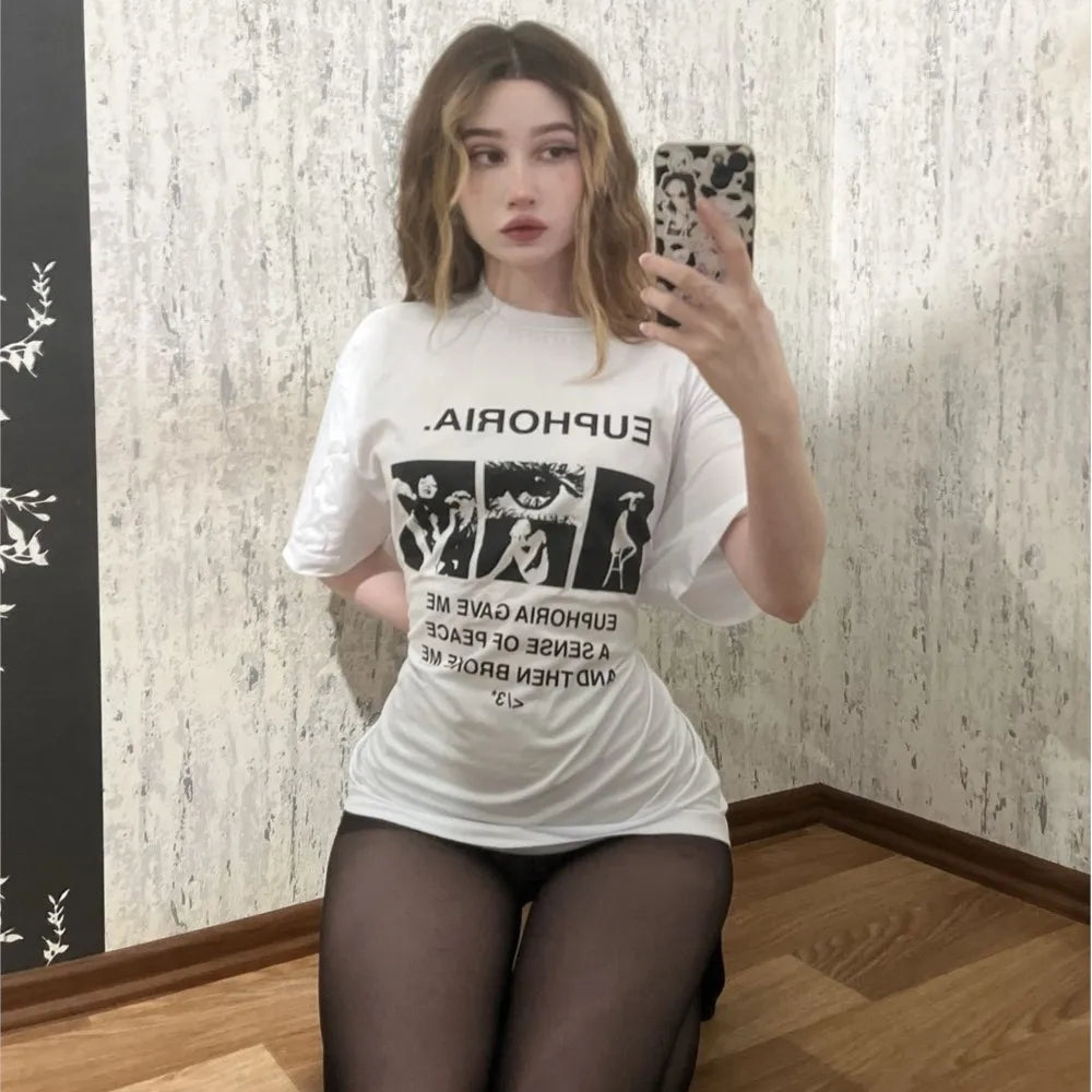 Harajuku Oversized Streetwear Women's Clothing EUPHORIA Graphic Print Tshirt Cotton Hip Hop Korean Short Sleeve Top Tee Goth Y2k