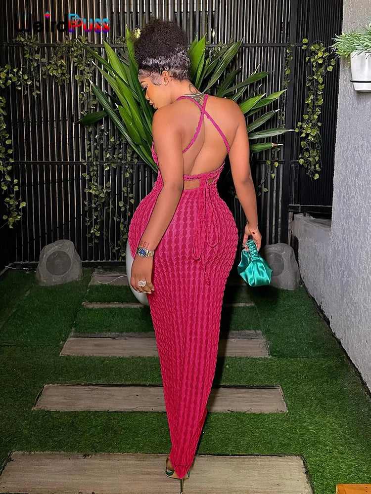 Weird Puss Backless Halter Dress Women Cross Bandage Sleeveless Sexy Elegant Skinny Stretch Wedding Party Maxi Bodycon Vestidos